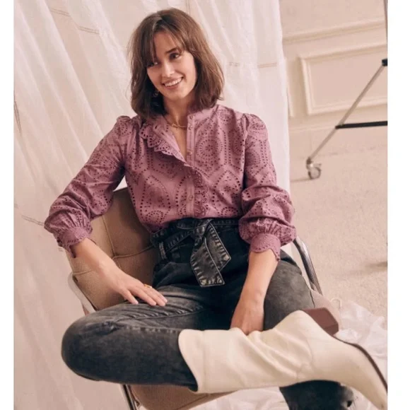 SEZANE Purple Wisteria Eyelet Ruffle Button Down Shirt Scalloped Chlo Blouse Top - Picture 12 of 14